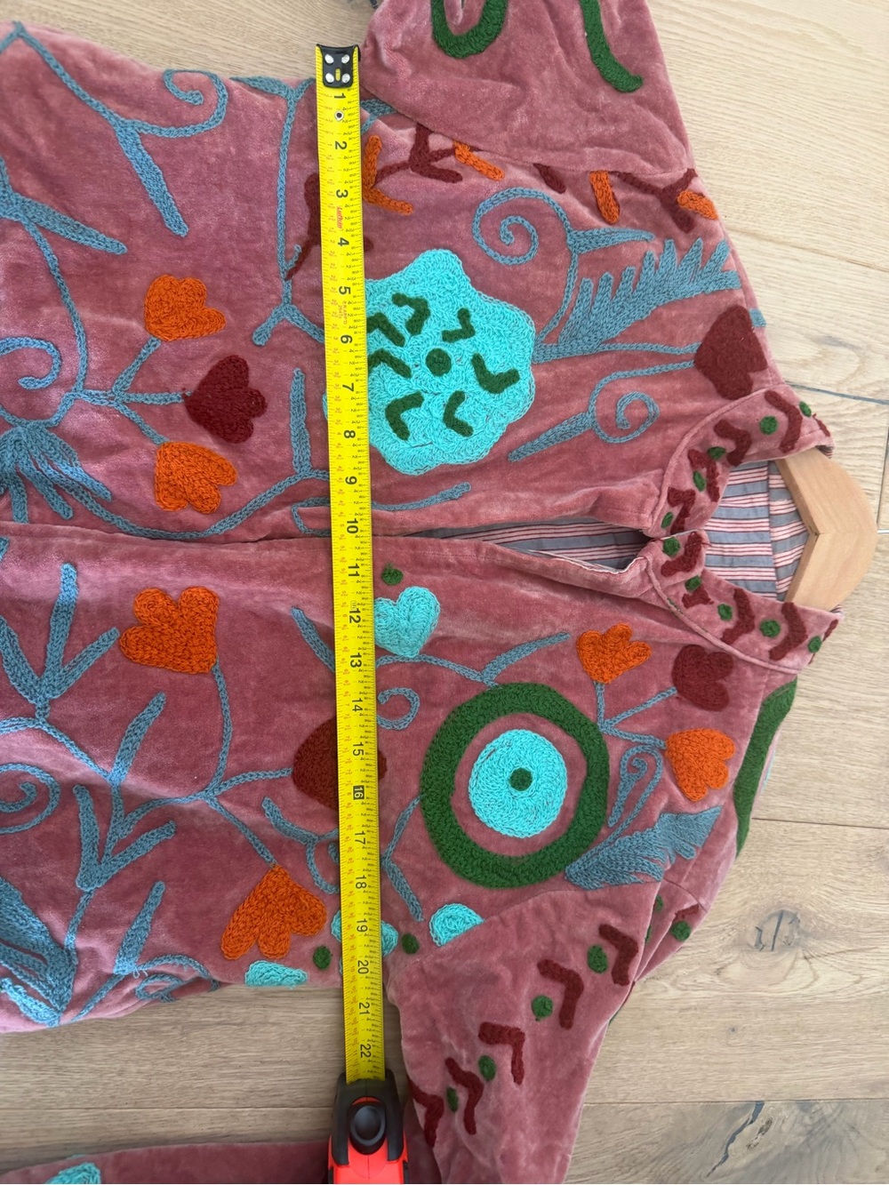 Fabulous Unique Embroidered Pink Velvet Floral Jacket with Teal Accents - Picture 4 of 7